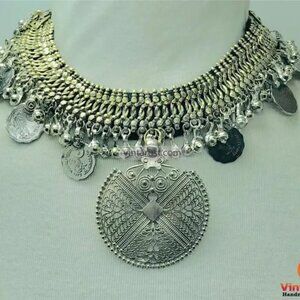 Vintage Kuchi Choker Necklace: Handmade Tribal Coins & Silver Bells